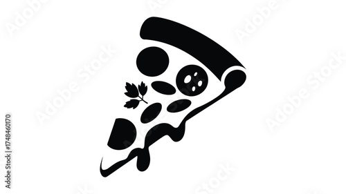 Stylized black and white silhouette of a single slice of pizza with toppings