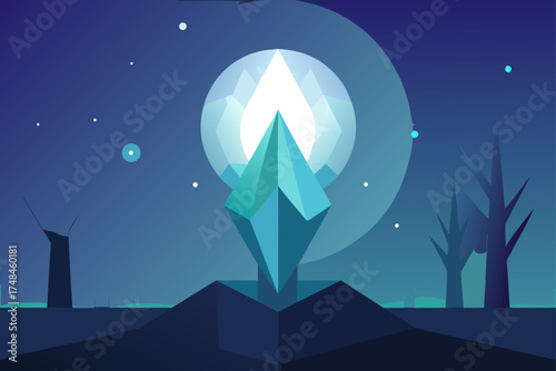 A glowing crystalline structure emerges from the dark alien landscape under a vast starry night sky with a large celestial body