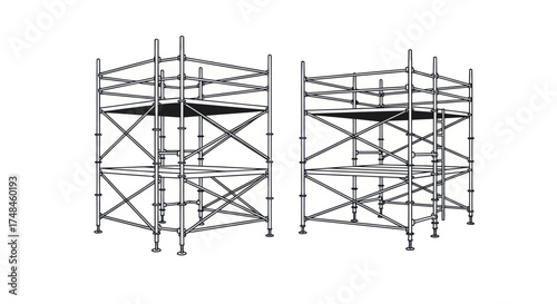 Two industrial metal scaffolding units with multiple platforms and bracing.