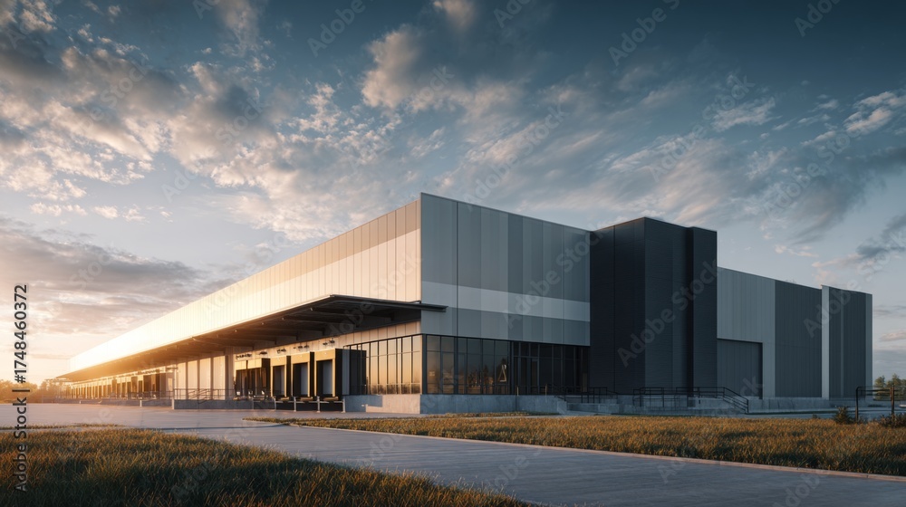 Fototapeta premium Modern warehouse building exterior with glass windows and metal facade at sunset