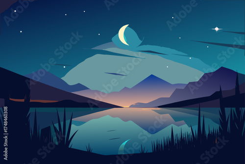 Serene twilight landscape with a crescent moon and stars reflected in a calm lake surrounded by mountains and silhouetted grass