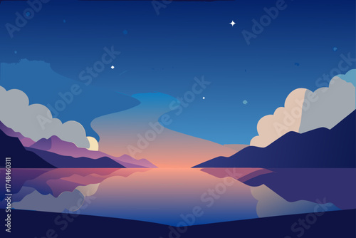 Serene twilight landscape with majestic mountains reflecting on a calm lake under a starry sky with soft clouds and a gradient sunset