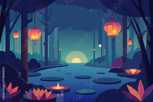 Enchanting twilight forest scene with glowing lanterns illuminating a serene lake dotted with lily pads and lotus flowers at sunset
