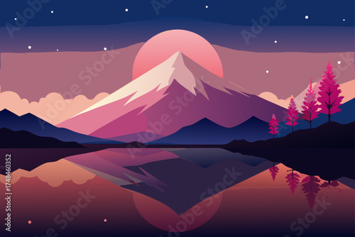 Serene mountain landscape with a vibrant pink sunset reflecting on a calm lake surrounded by stylized trees and starry night sky
