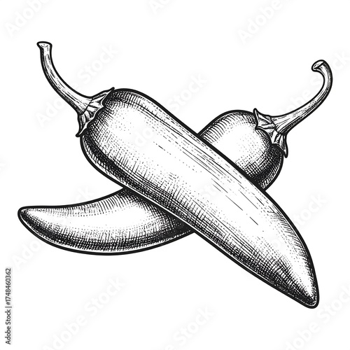 Two crossed chili peppers in a vintage line drawing style