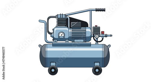 Blue Portable Air Compressor with Silver Metal Components and Pressure Gauge.
