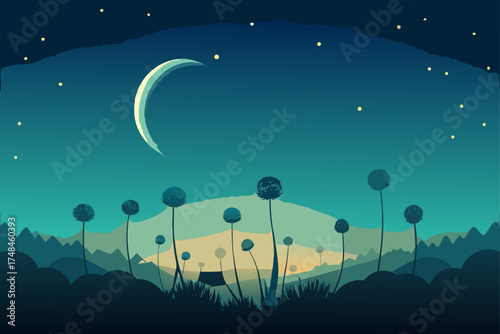 Serene night landscape with a crescent moon and stars illuminating silhouetted plants and rolling hills in a tranquil stylized scene