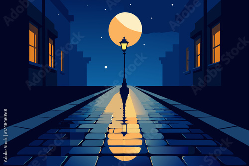 A solitary vintage street lamp illuminates a wet cobblestone alleyway under a large full moon and starry night sky with glowing windows in dark buildings