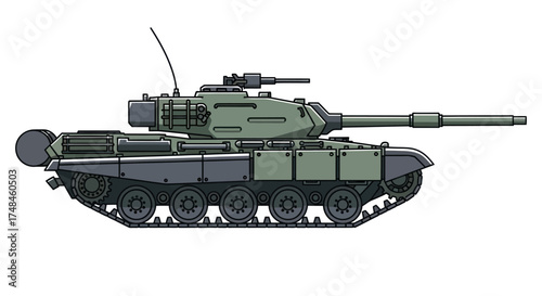 Side profile illustration of a modern main battle tank with green and grey camouflage.