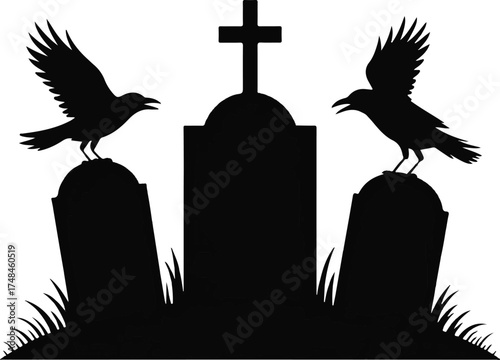Spooky Graveyard Silhouette with Crows and Headstones in Gothic Style