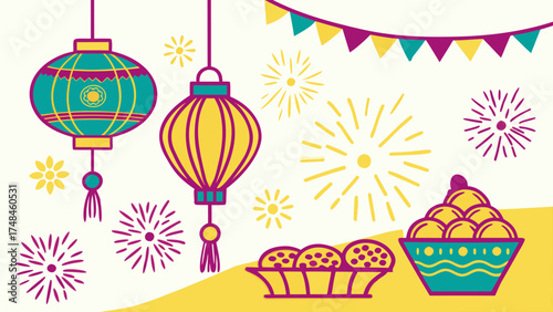 Celebrate Mid-Autumn Festival with festive lanterns, delicious mooncakes, and joyful fireworks for warm and happy holiday traditions in vibrant colors