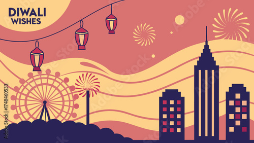 Celebrate Diwali with festive cityscapes, shimmering fireworks, and warm wishes for a bright future, perfect for greetings and holiday promotions