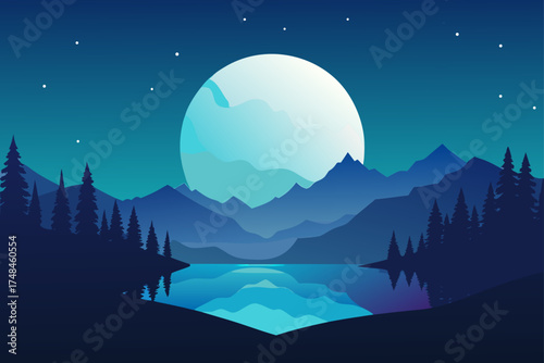 Serene night landscape featuring a large glowing moon over layered blue mountains and a tranquil lake reflecting the celestial body and starry sky