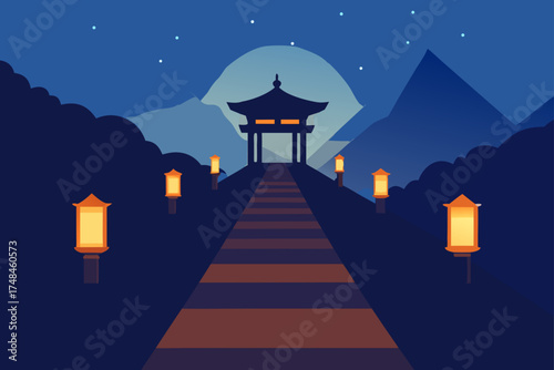 Serene night scene with a traditional asian temple structure at the end of a lantern lit path leading through mountains under a starry sky