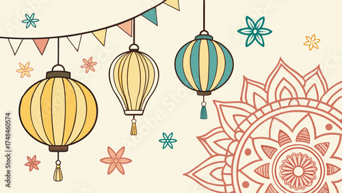 Celebrate with vibrant hanging lanterns and festive bunting, perfect for invitations, cultural events, and joyful holiday designs, a delightful and unique scene