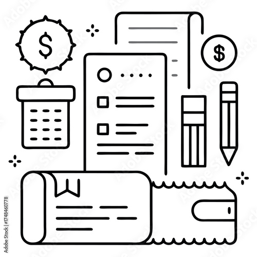 Minimal line art illustration of business planning and project management, checklist, laptop, chat bubble, and financial icons in black and white outline style