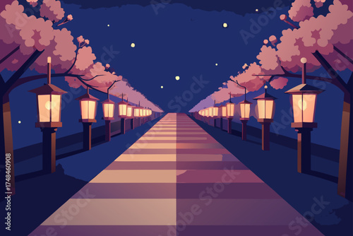 Enchanting night scene of a pathway lined with glowing lanterns and blooming cherry blossom trees under a starry sky