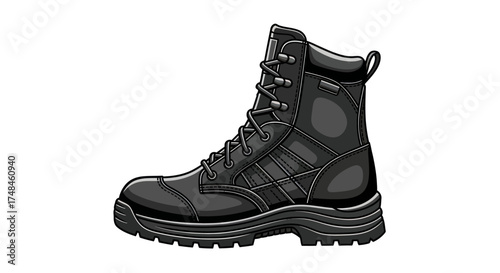 Single Black Combat Boot with Laces and Thick Sole.