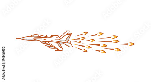 Fighter Jet with Missiles Orange Outline Military Aircraft.