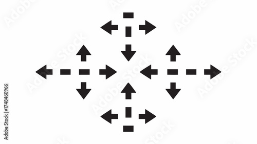 Black arrows pointing in multiple directions arranged symmetrically on a white background in a pattern | editable eps vectors silhouette