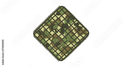 Diamond-shaped camouflage pattern graphic with grid overlay.