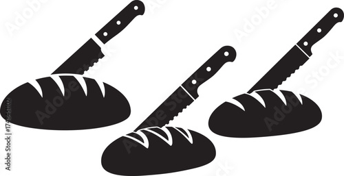 Three loaves of bread with knives cutting them silhouette isolated on white background