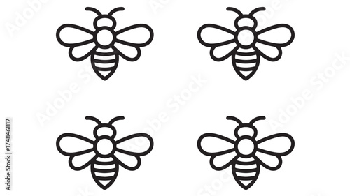 Four stylized black and white bees arranged in a grid pattern, simple and modern illustration