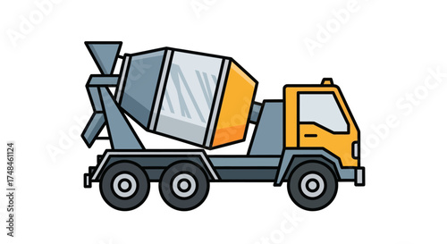 Cartoon Illustration of a Yellow and Gray Concrete Mixer Truck.