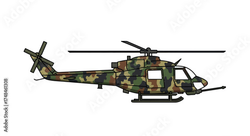 Military Camouflage Attack Helicopter with Main and Tail Rotors.