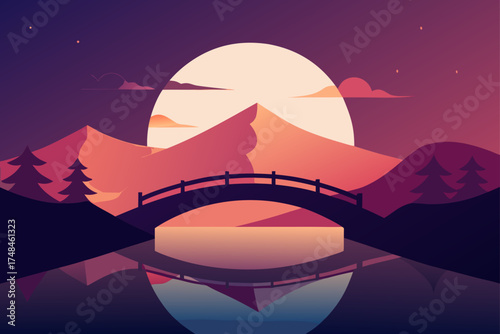 Serene minimalist landscape featuring a silhouette bridge over a calm lake reflecting mountains and a large glowing moon during twilight