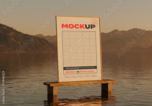 Vertical Poster on Wooden Bench on Lake Mockup