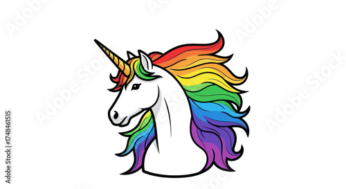 Colorful Cartoon Unicorn Head with Rainbow Mane and Horn.