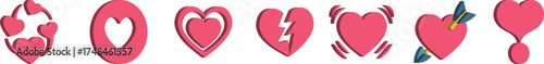 Set of pink heart icons with various love symbols, including broken, winged, pulsing, and circular hearts, cute romantic emoji style for Valentine’s Day, stickers, or social media design.