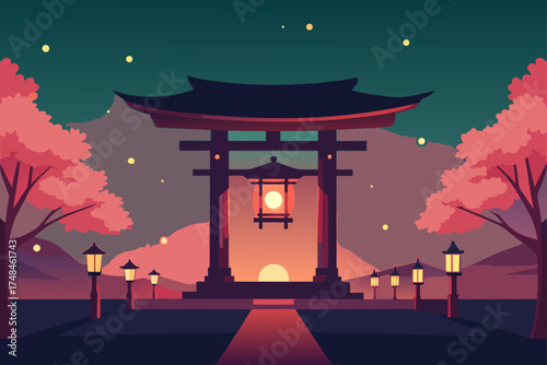 Serene japanese torii gate illuminated by lanterns at sunset with cherry blossom trees and mountains in the background