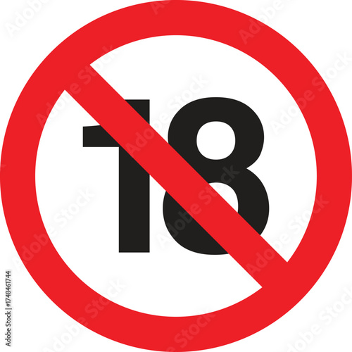 No 18 sign symbol for age restriction and adult content warning. Red prohibition circle with number eighteen isolated on white background. Perfect vector icon for safety and rules design.
