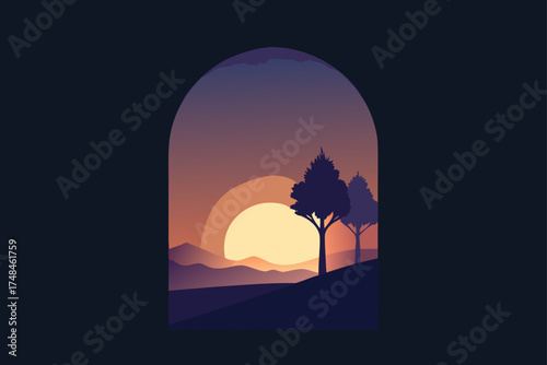 Stylized minimalist landscape with a large sun setting behind rolling hills and silhouetted trees framed by an archway