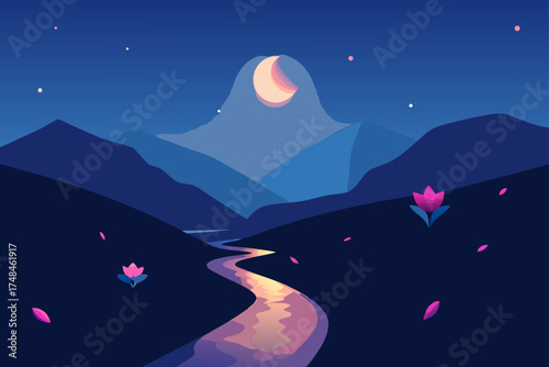 Serene night landscape with a winding river reflecting moonlight and a crescent moon over majestic mountains adorned with blooming flowers and scattered petals