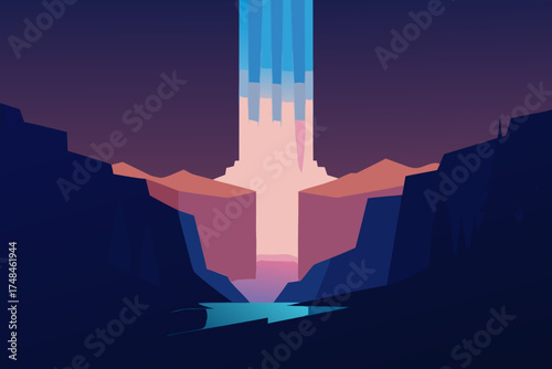 Abstract minimalist illustration of a majestic waterfall cascading into a serene turquoise pool surrounded by dark purple mountains and cliffs at dusk