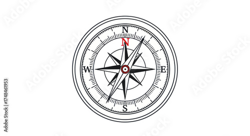 Detailed Black and White Compass Pointing North Direction.