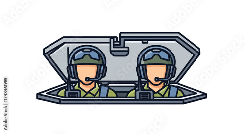 Cartoon Military Soldiers in Vehicle Hatch with Headsets.