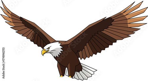 Majestic Bald Eagle Flying with Spread Wings Cartoon Illustration.