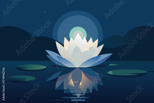 Serene night scene featuring a luminous white lotus flower blooming on calm water with lily pads and a subtle moonlit glow reflecting its beauty