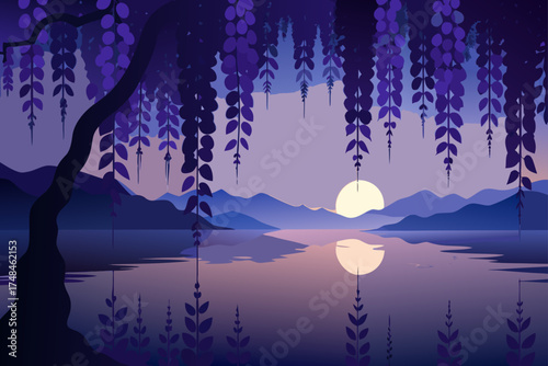 Serene twilight landscape with a large tree and cascading purple wisteria flowers overlooking a calm lake reflecting the setting sun and distant mountains