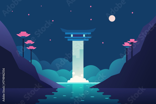 Tranquil night landscape with a glowing waterfall cascading from a traditional asian temple structure into a serene body of water surrounded by stylized mountains and blooming lotus flowers