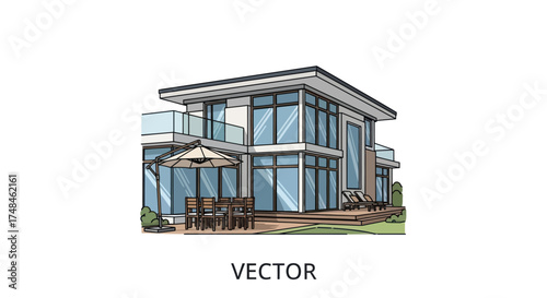 Architectural vector sketch of a modern two-story house with large glass windows and a patio.
