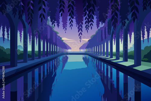 Enchanting purple wisteria vines cascade over a serene reflecting pool in a symmetrical architectural garden at twilight