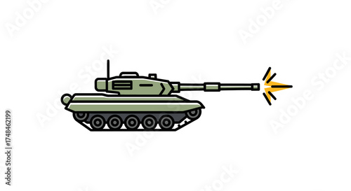 Cartoon Illustration of a Firing Military Tank with Gun.