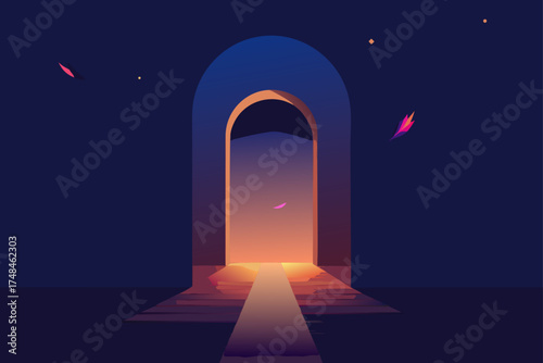 Mysterious archway opening to a vibrant sunset sky with a path leading forward into the unknown