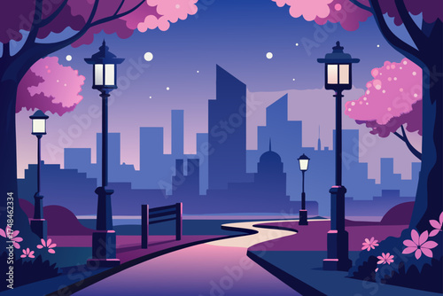 Serene city park pathway illuminated by vintage lampposts under a twilight sky with blooming trees and distant skyscrapers
