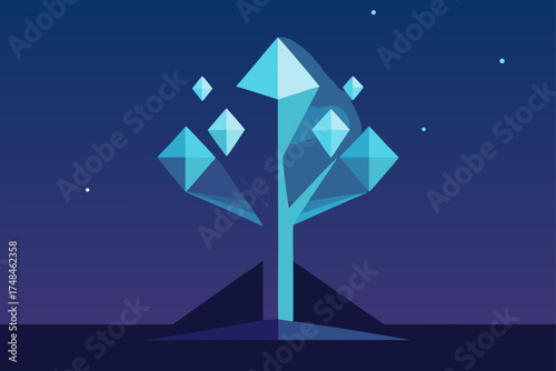 Abstract geometric crystalline tree with glowing blue facets and small stars against a dark gradient night sky background symbolizing growth and innovation